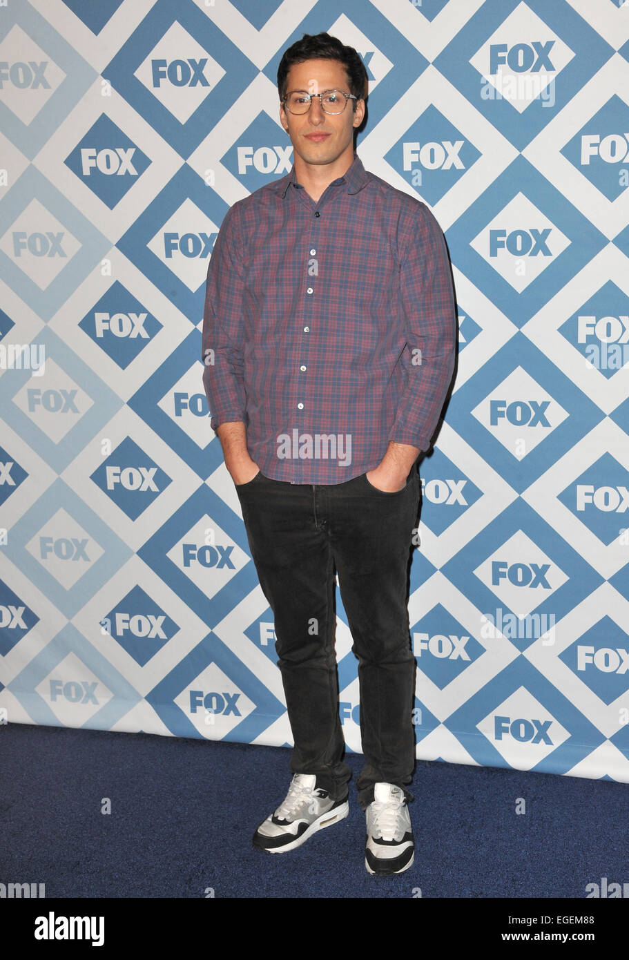 PASADENA, CA - le 13 janvier 2014 : Andy Samberg au TCA Fox All-Star party à l'hôtel Langham Huntington, Pasadena. Banque D'Images