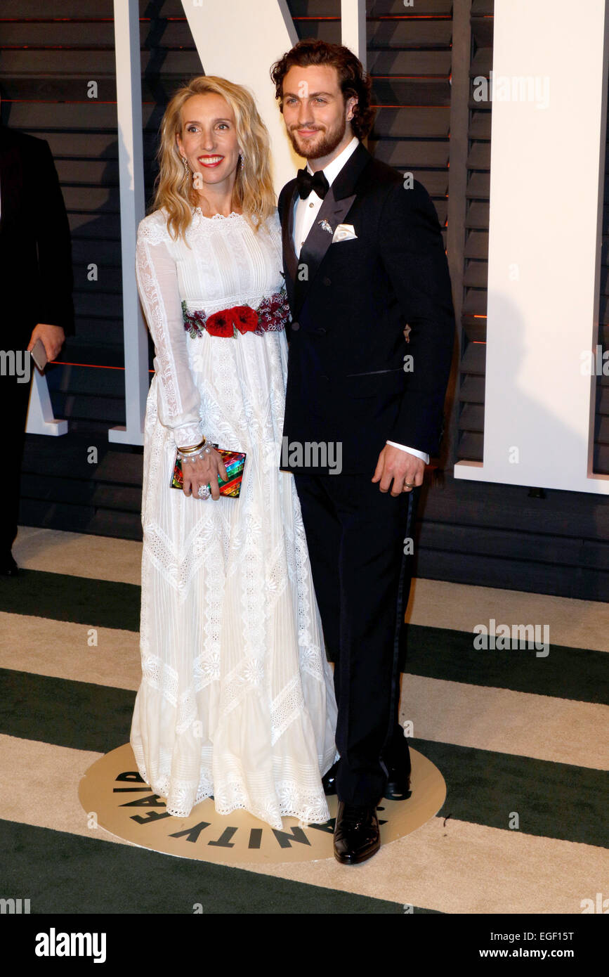 Producteur Sam Taylor-Johnson et son mari l'acteur Aaron Taylor-Johnson assister à la Vanity Fair Oscar Party à Wallis Annenberg Center for the Performing Arts à Beverly Hills, Los Angeles, USA, le 22 février 2015. Photo : Hubert Boesl - AUCUN FIL SERVICE - Banque D'Images