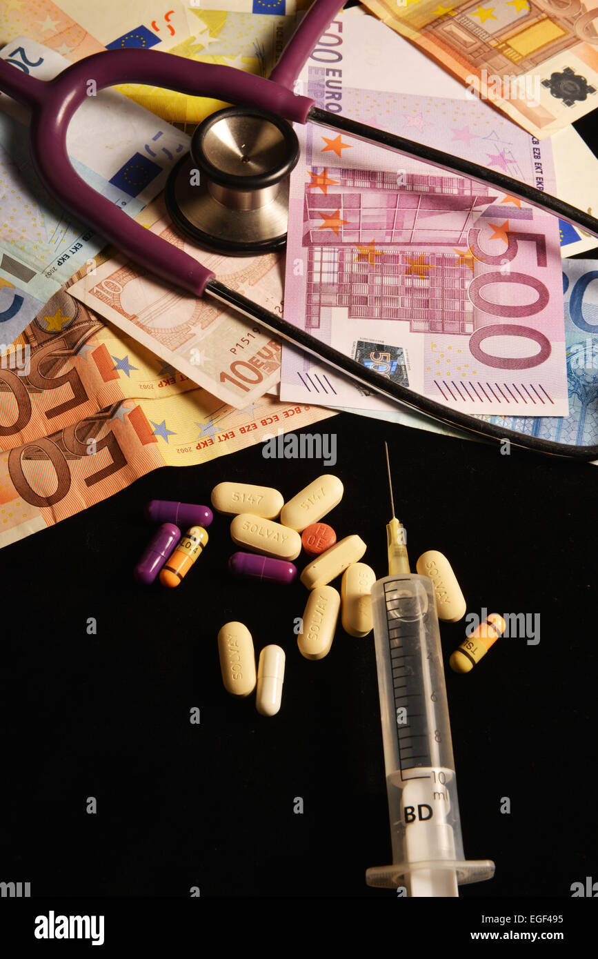 Photo symbolique en rapport avec la médecine, la corruption. Banque D'Images