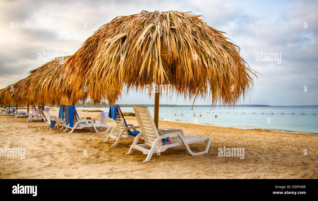 Chaises de salon sous le chaume umbellas sur le sable blanc d'un complexe en front de mer des Caraïbes. Banque D'Images