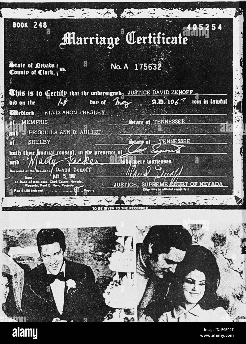 LAS VEGAS, NV - 10 NOVEMBRE - Elvis et Priscilla Presley Certificat de mariage à l'Aladdin Hotel, Las Vegas, Nevada, le 10 novembre 1997. Banque D'Images