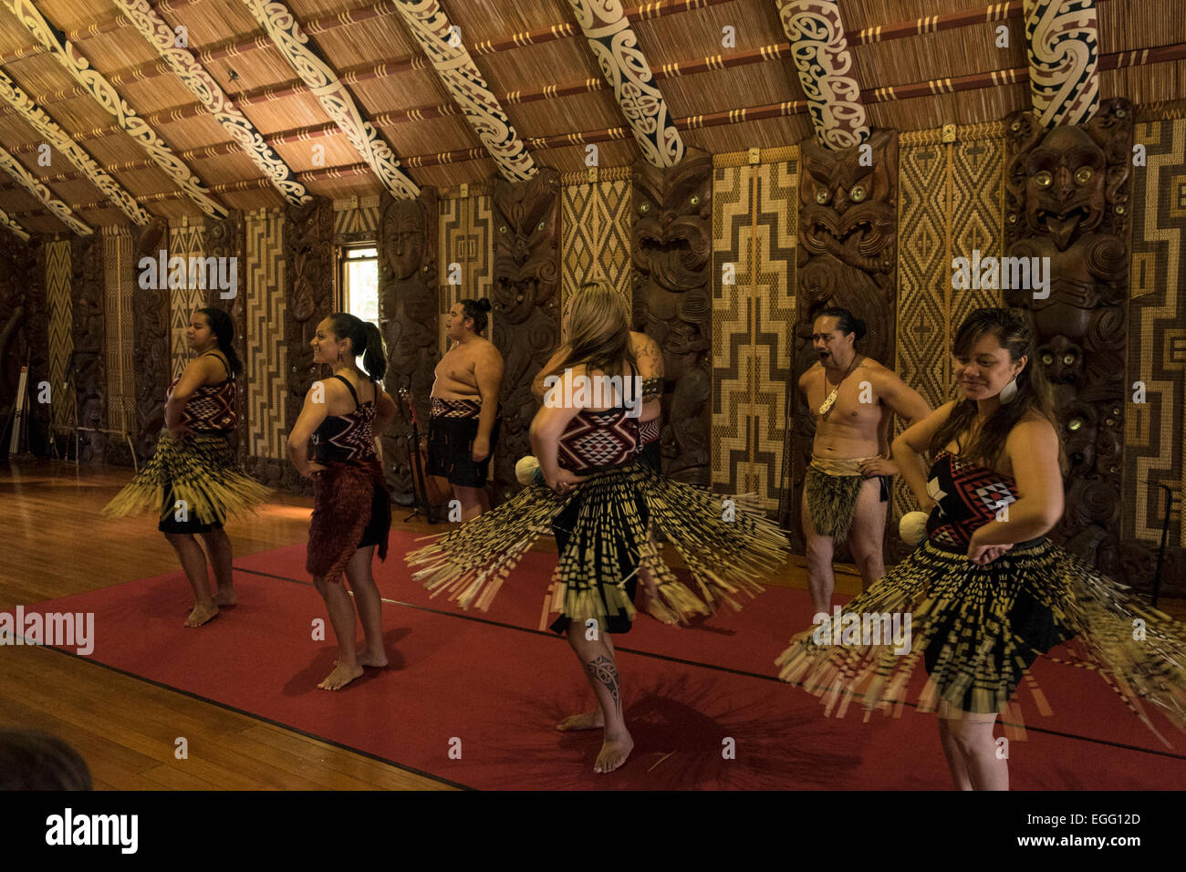 Te Pitowhenua groupe d'interprètes d'une loi sur la chaussure traditionnel maori de la chanson et de la danse pour les touristes et visiteurs à la traiter de Waitangi Banque D'Images