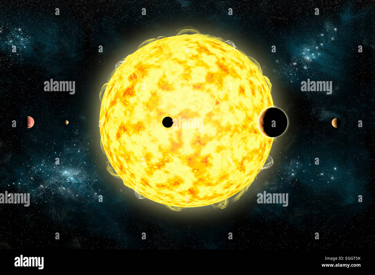 Concept de l'artiste de Kepler 444. Il est actuellement le plus ancien système planétaire dans notre galaxie. Tous les cinq planètes sont plus petits e Banque D'Images