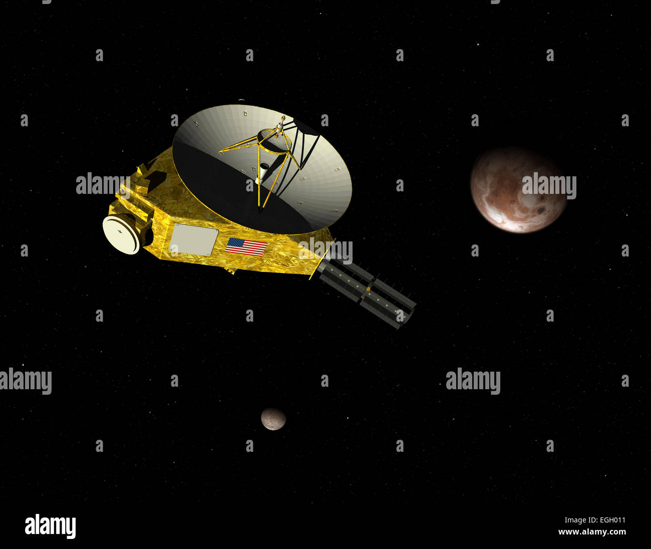 Nouveaux Horizons de la NASA approches engins spatiaux planète naine Pluton et sa lune Charon. De nouveaux horizons a été en route pour plu Banque D'Images