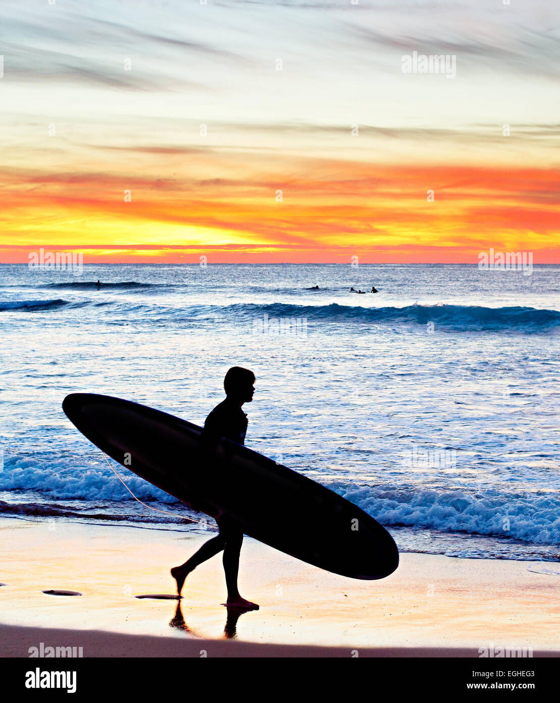 Surfer la marche sur la plage au coucher du soleil. Portugal Banque D'Images