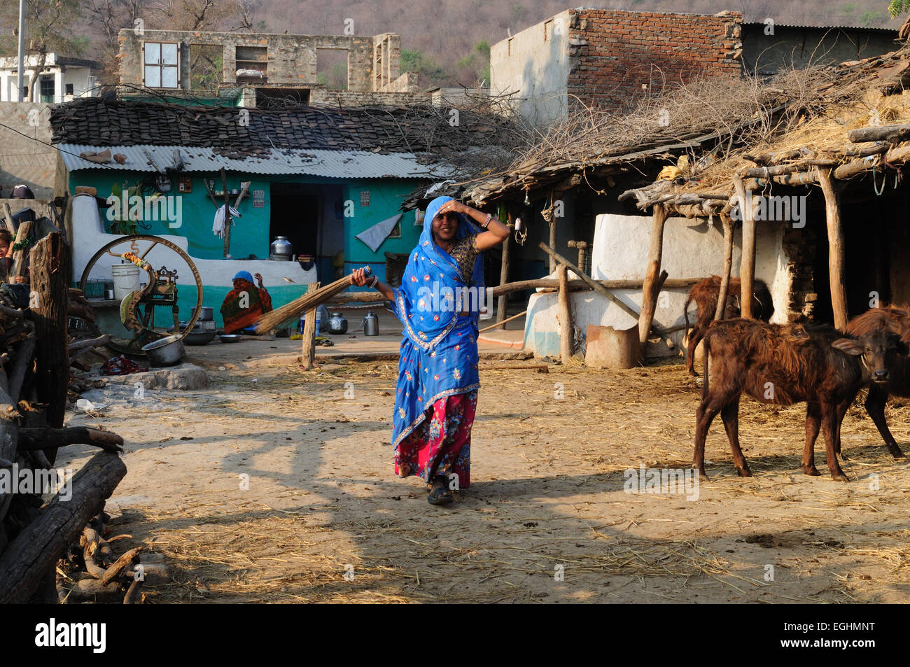 Femme indienne marche à travers l'extérieur de sa petite ferme le Madhya Pradesh, Inde Banque D'Images