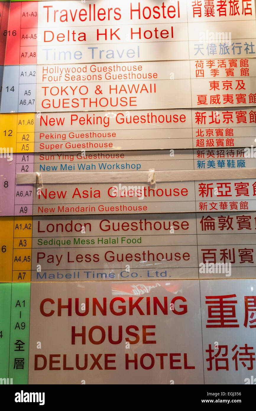 La Chine, Hong Kong, Kowloon, Tsim Sha Tsui, Chungking Mansions, hôtel et Guesthouse Sign Banque D'Images