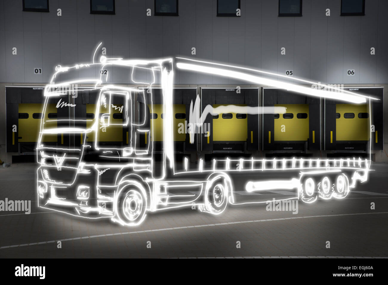 La logistique, camion, dessin de lumière, entrepôt, bâtiment de l'usine, les salles d'embarquement, sans chauffeur, déserte, Banque D'Images