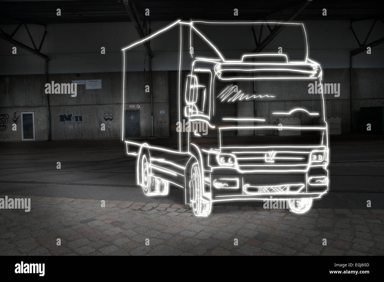 La logistique, camion, dessin de lumière, entrepôt, bâtiment de l'usine, les salles d'embarquement, sans chauffeur, déserte, Banque D'Images