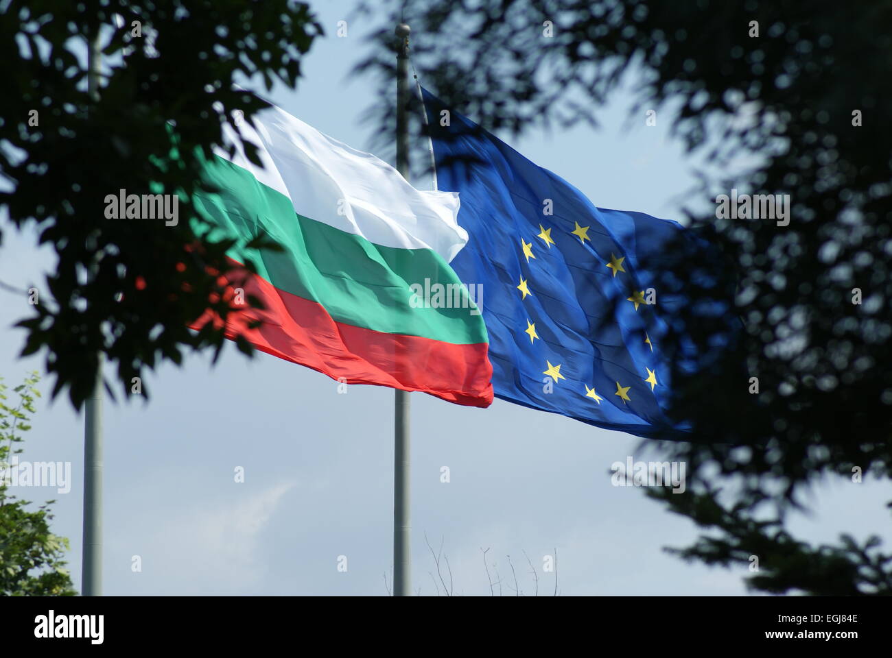 Un drapeau bulgare et un drapeau de l'Union européenne volant ensemble sur les mâts de drapeaux parmi les arbres. Banque D'Images
