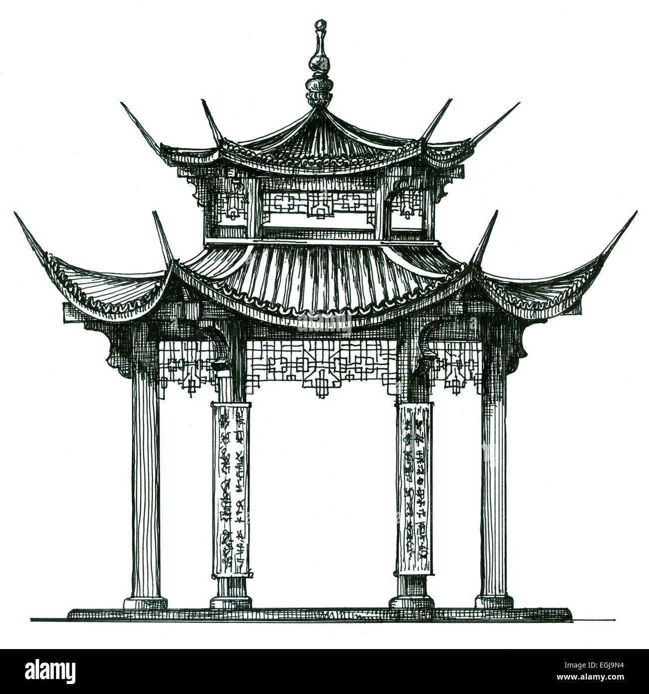 L'Asie. temple sur un fond blanc. Japon, Chine, Corée. Croquis Banque D'Images