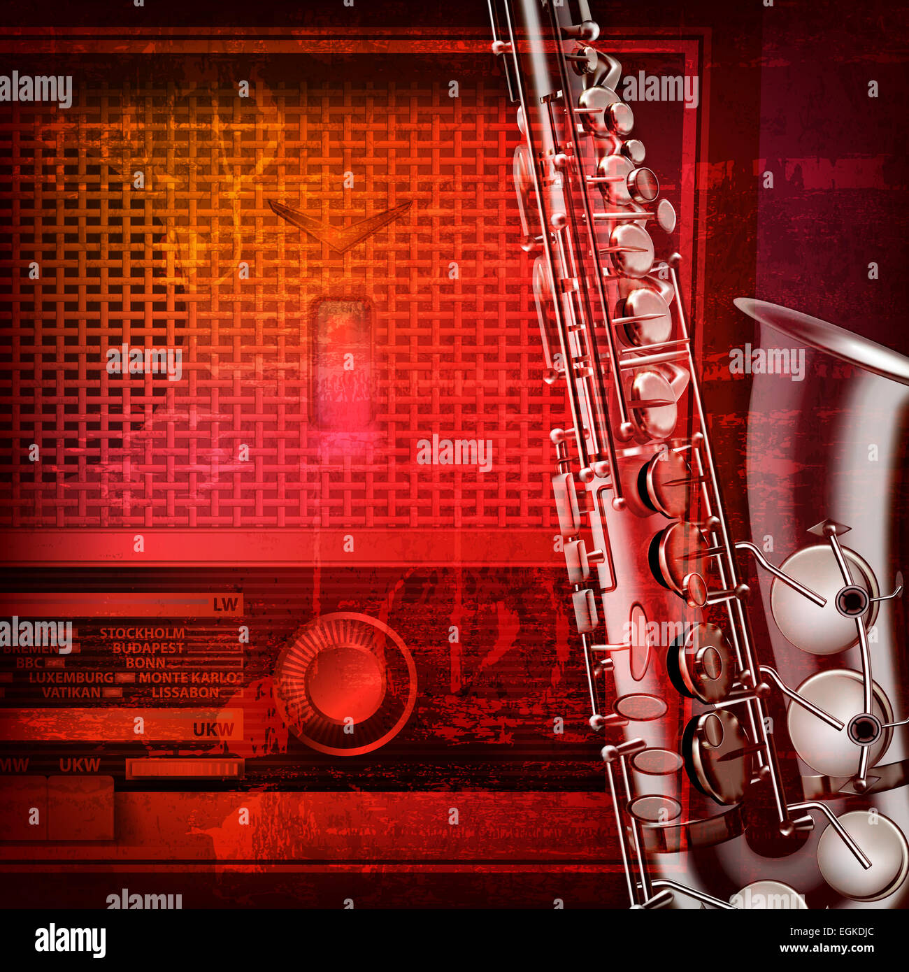 Résumé rouge grunge fond sonore avec radio rétro et saxophone Photo Stock -  Alamy