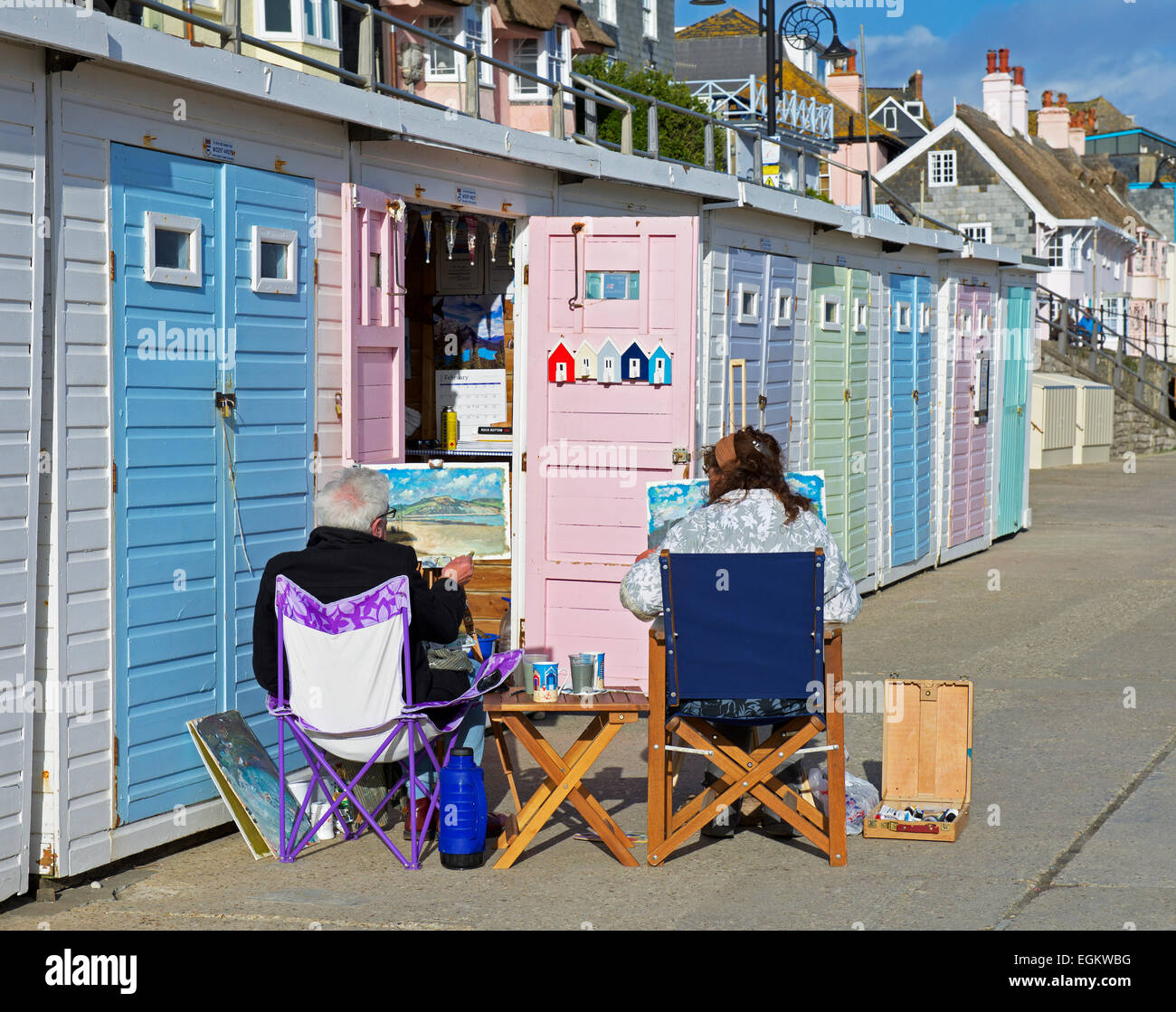 Peinture artistes photos sur la promenade, à Lyme Regis, dans le Dorset, Angleterre Royaume-uni Banque D'Images
