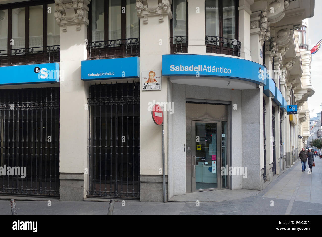 Direction générale de la Banque Sabadell Atlantico entrée, Gran Via, Madrid, Espagne Banque D'Images