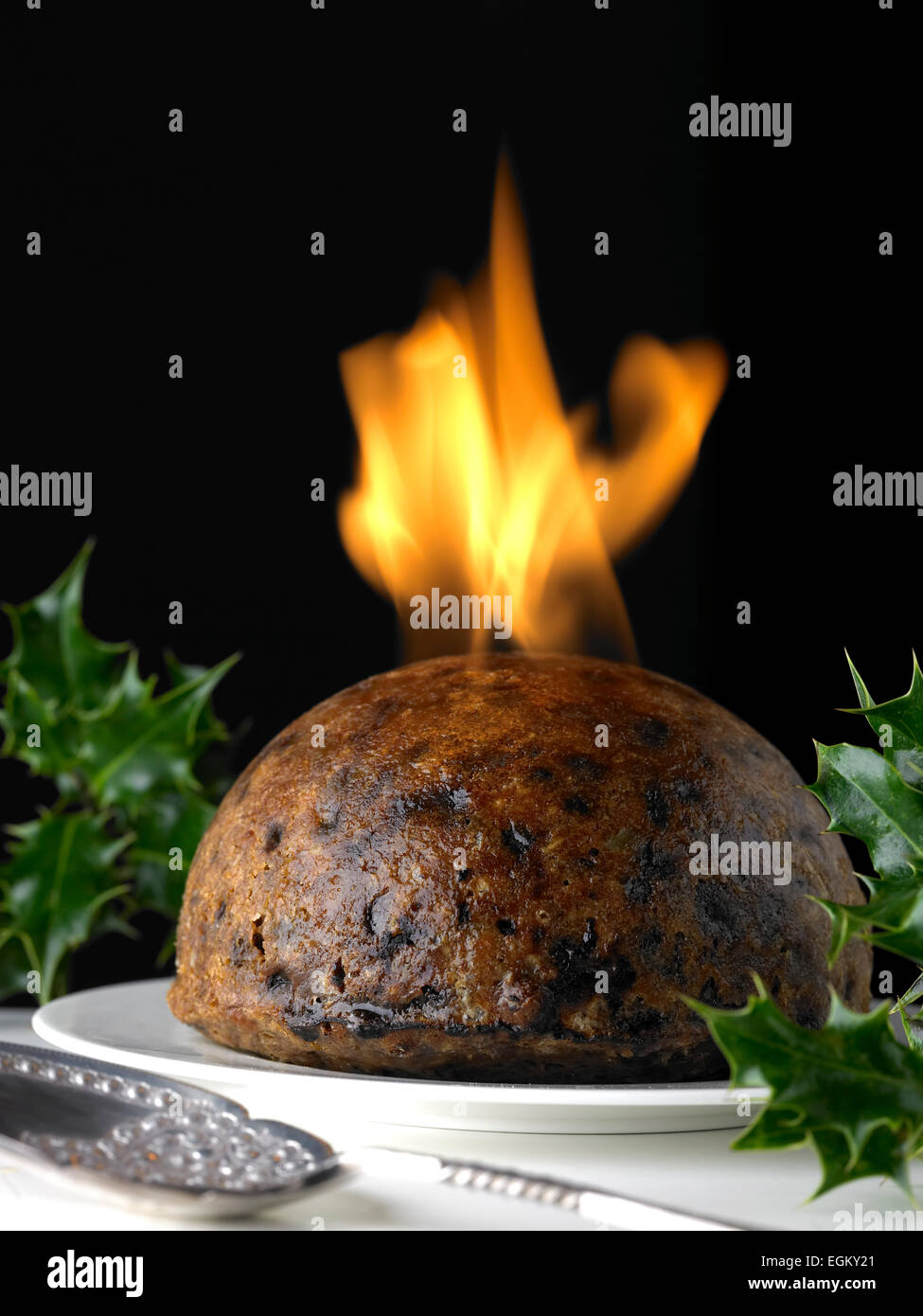 Flamme de pudding de Noël Banque D'Images