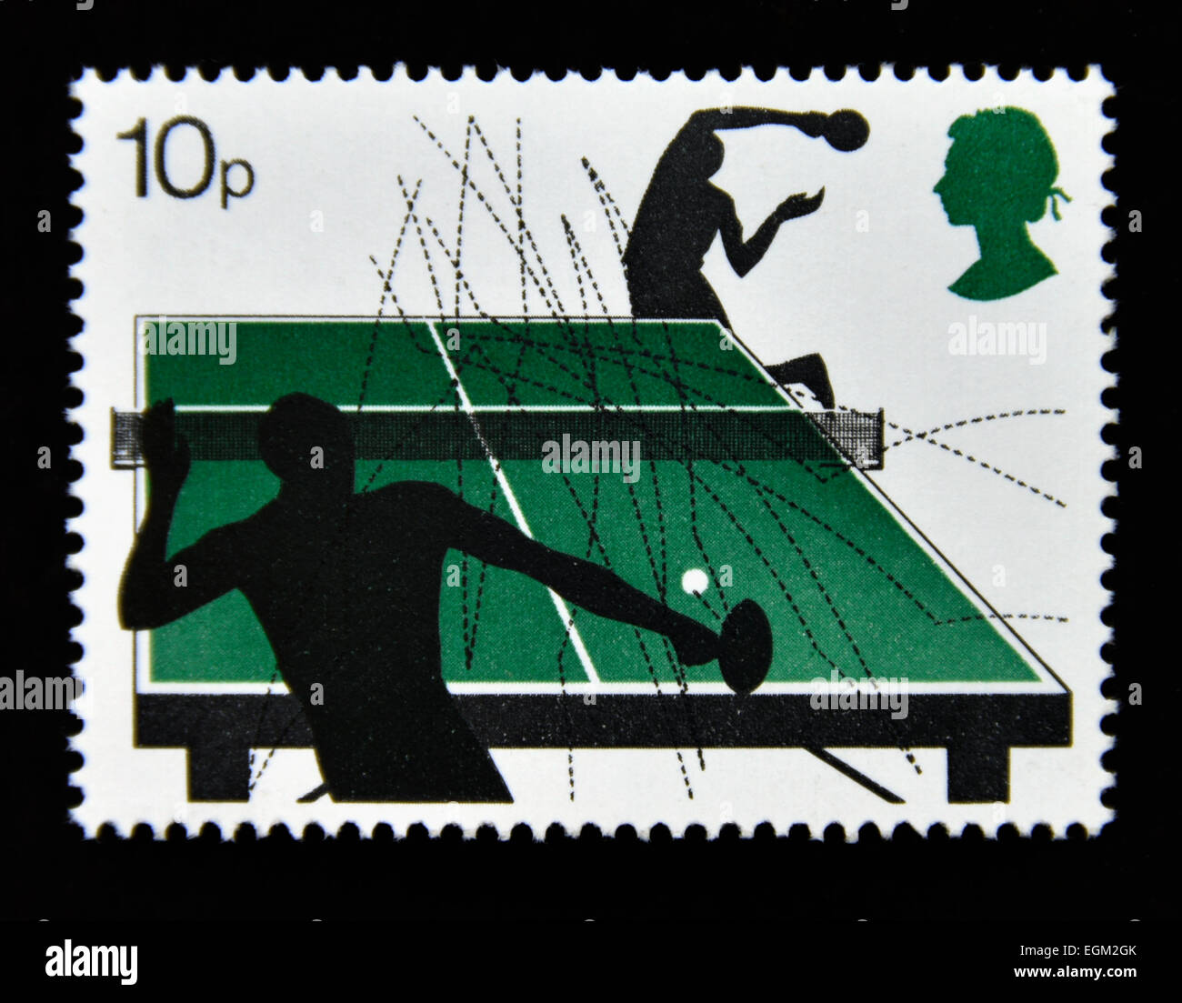 Timbre-poste. La Grande-Bretagne. La reine Elizabeth II. 1977. Racket Sports.Tennis de Table. 10p. Banque D'Images