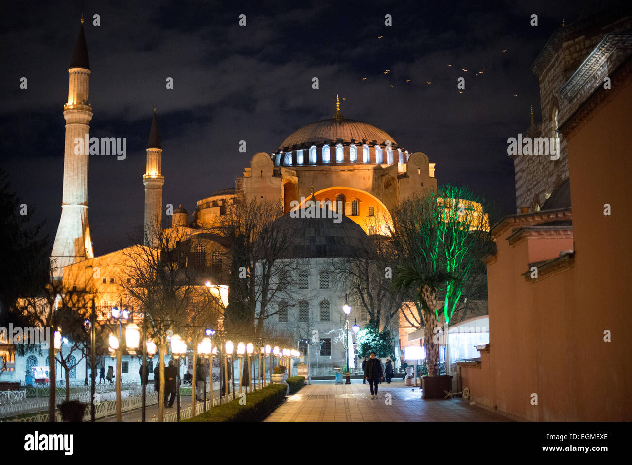 ISTANBUL, Turquie - Vue sur Sainte-Sophie depuis le parc Sultanahmet la nuit. Construit en 537, il a servi de cathédrale orthodoxe orientale, de cathédrale catholique romaine, de mosquée et maintenant de musée. Également connu sous le nom d'Ayasofya ou d'Aya Sofia, c'est l'un des principaux monuments d'Istanbul. En juillet 2020, le président turc Recep Tayyip Erdogan décrète que Sainte-Sophie serait reconvertie en mosquée. Banque D'Images