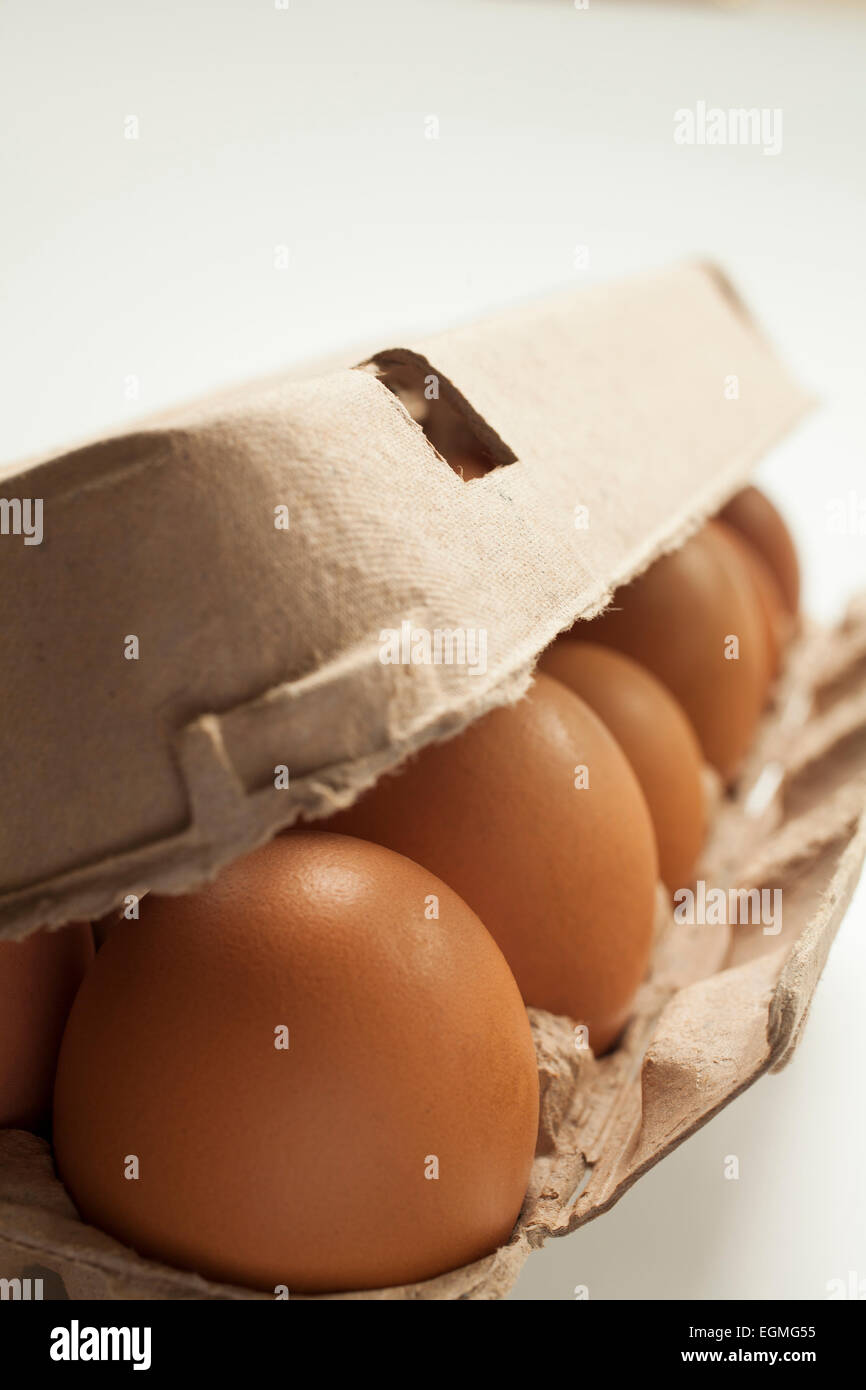 Oeufs frais fermiers dans le papier recyclé carton. Banque D'Images