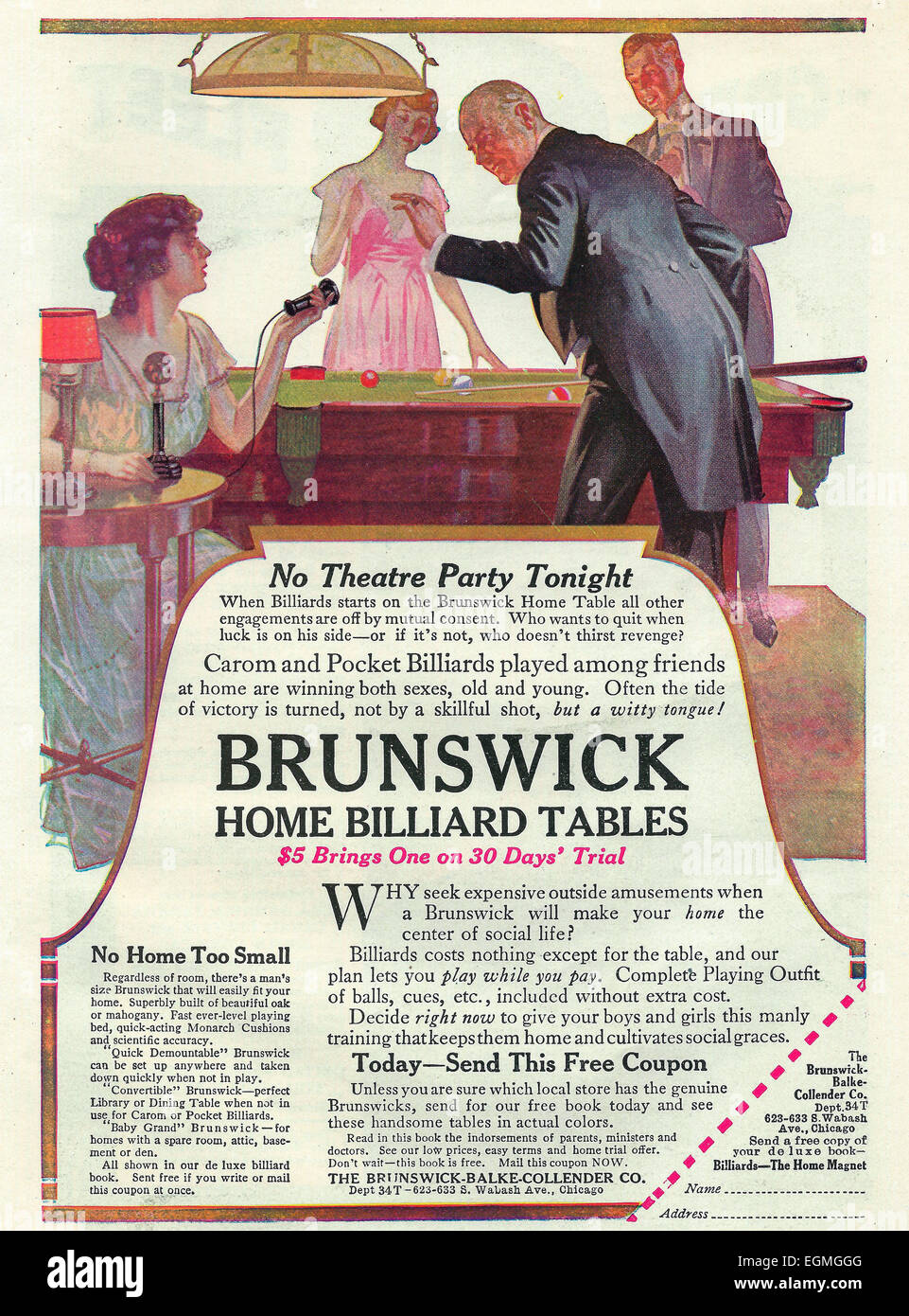Accueil Tables de billard Brunswick - 1916 Publicité Banque D'Images