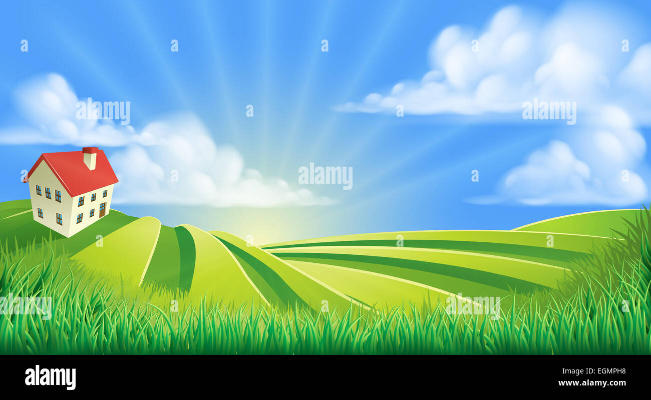 Une collines agricoles champs fond illustration cartoon sunrise Banque D'Images