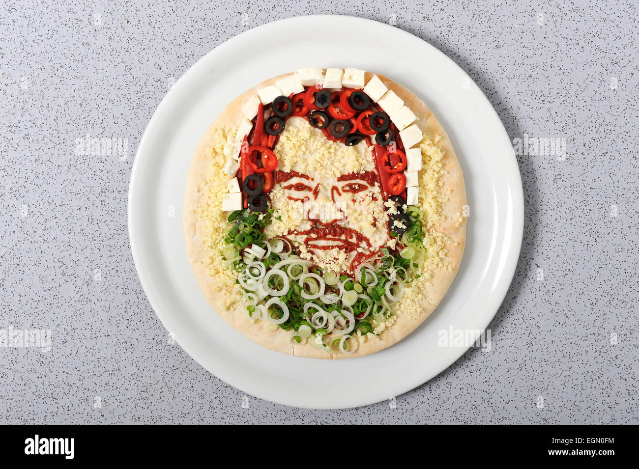 Prudence Staite artiste alimentaire a créé des pizzas de visages célèbres. Banque D'Images
