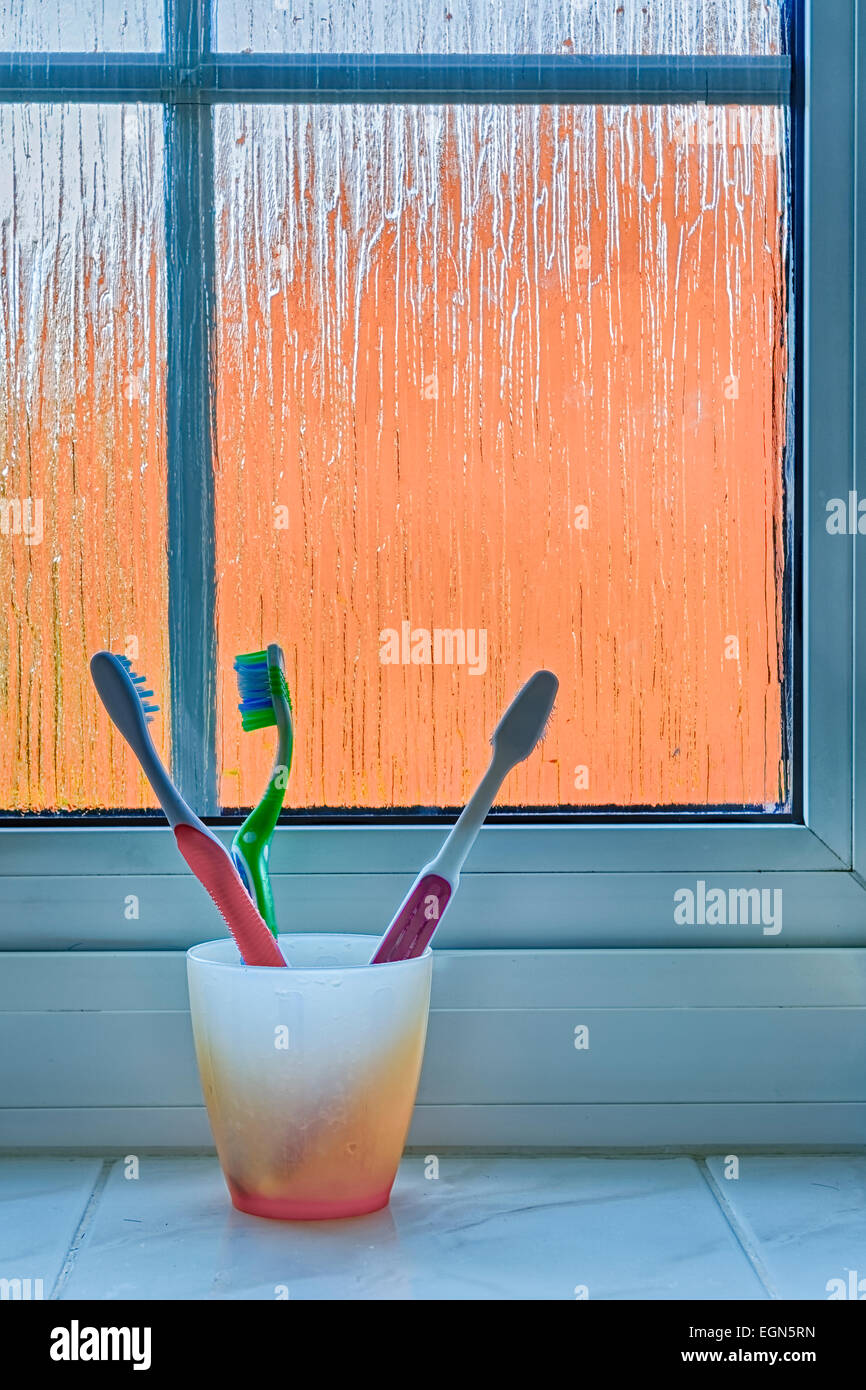 Support de cuvette en plastique orange trois brosses à dents (orange, vert et rose) assis sur un rebord de la salle de bain contre une fenêtre givrée Banque D'Images