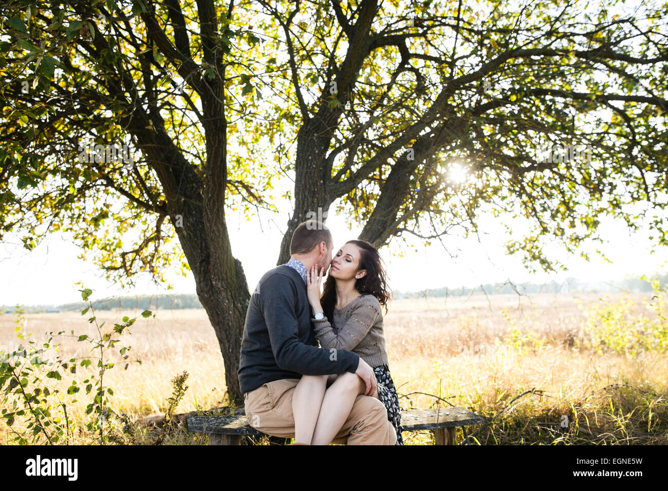 Image d'un couple assis sur un banc, en vertu de l'arbre au coucher du soleil d'automne Banque D'Images