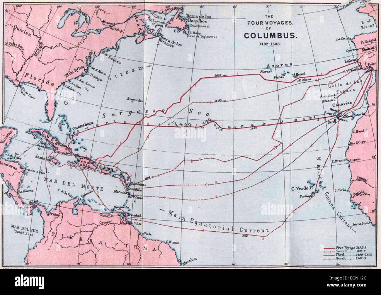 La carte des quatre voyages de Colomb 1492-1503 Banque D'Images