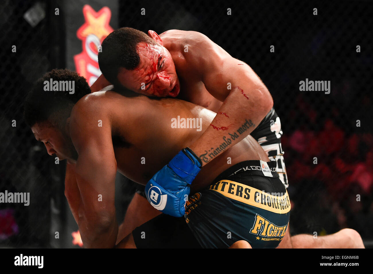 Uncasville Texas, USA. Feb 27, 2015. Andre Santos (bleu) détient sur Paul Daley durant la Santos vs Daley titre mi-moyens de lutte Bellator 134 au Mohegan Sun Arena. Daley a battu Santos 29-28, 29-28, par 29-27 passe 3 tours. Eric Canha/CSM/Alamy Live News Banque D'Images