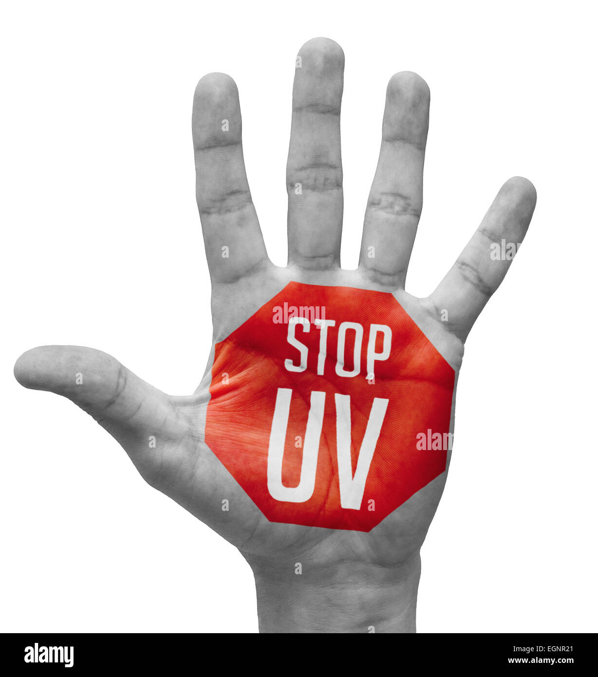 UV Stop sur main ouverte. Banque D'Images