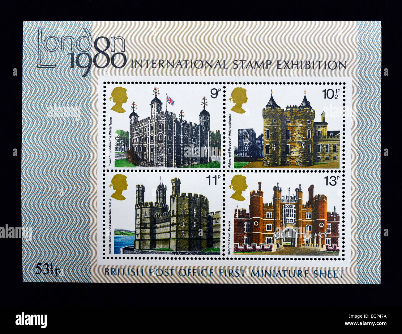 Les timbres-poste. La Grande-Bretagne. La reine Elizabeth II. 1980. Londres 1980 Exposition philatélique internationale. Premier Feuillet. Banque D'Images