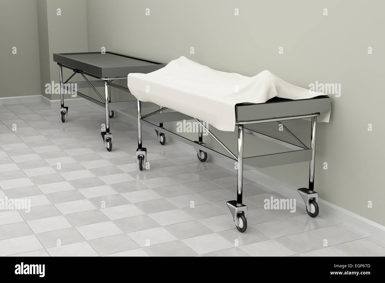 Le rendu 3D d'une salle d'autopsie macabre Banque D'Images