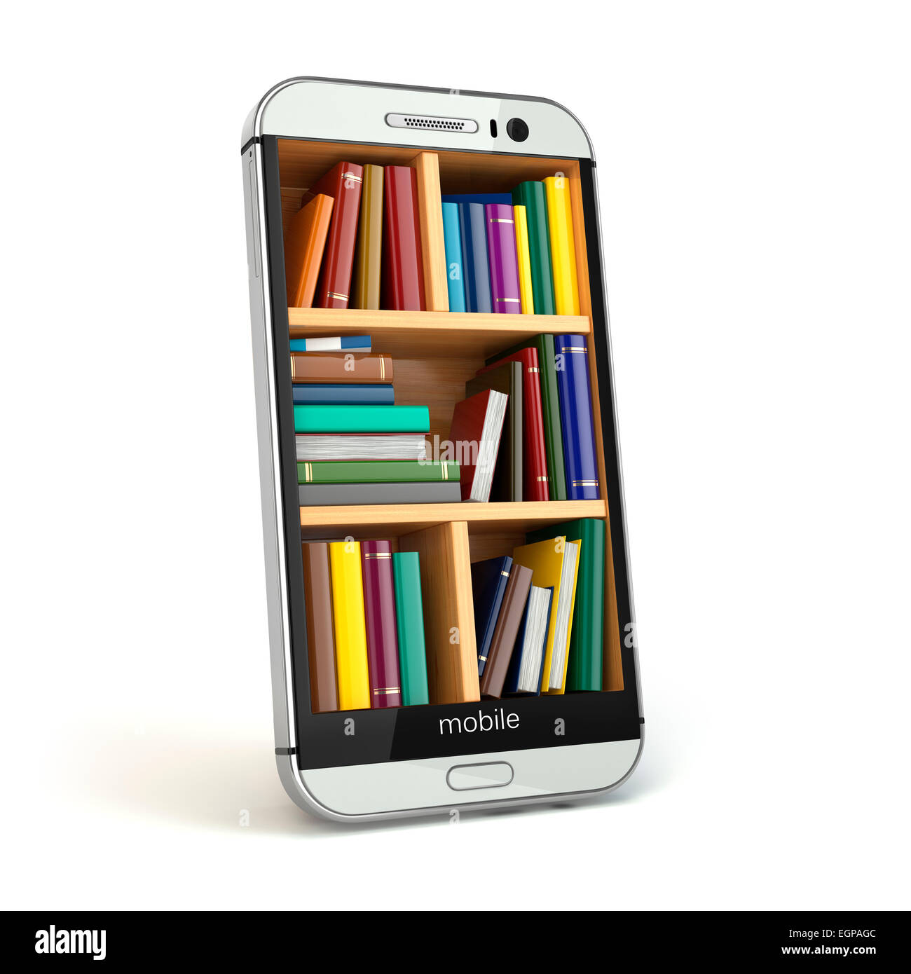 E-learning ou de l'éducation bibliothèque internet concept. Smartphone et livres. 3d Banque D'Images