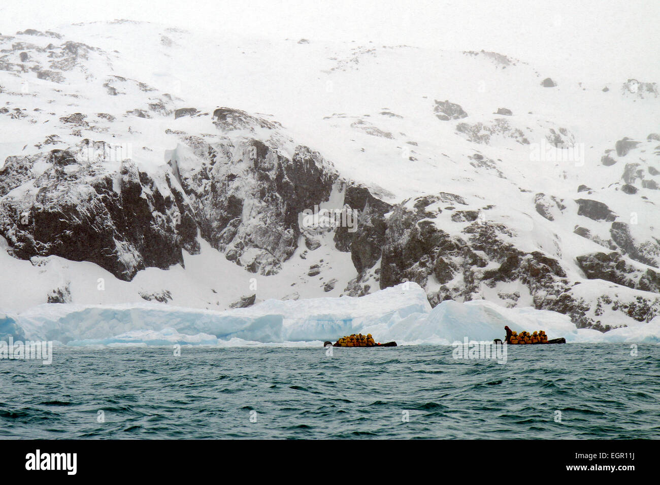 Les touristes sur les bateaux gonflables rigides Zodiac, Cierva Cove, l'Antarctique Banque D'Images