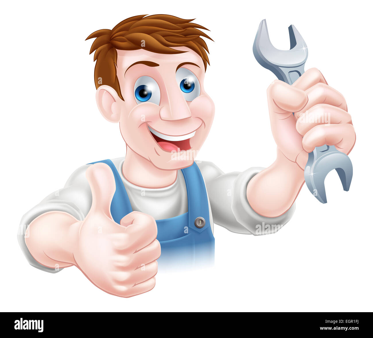 Un plombier ou mécanicien tenant une clé et de donner un coup de pouce Banque D'Images