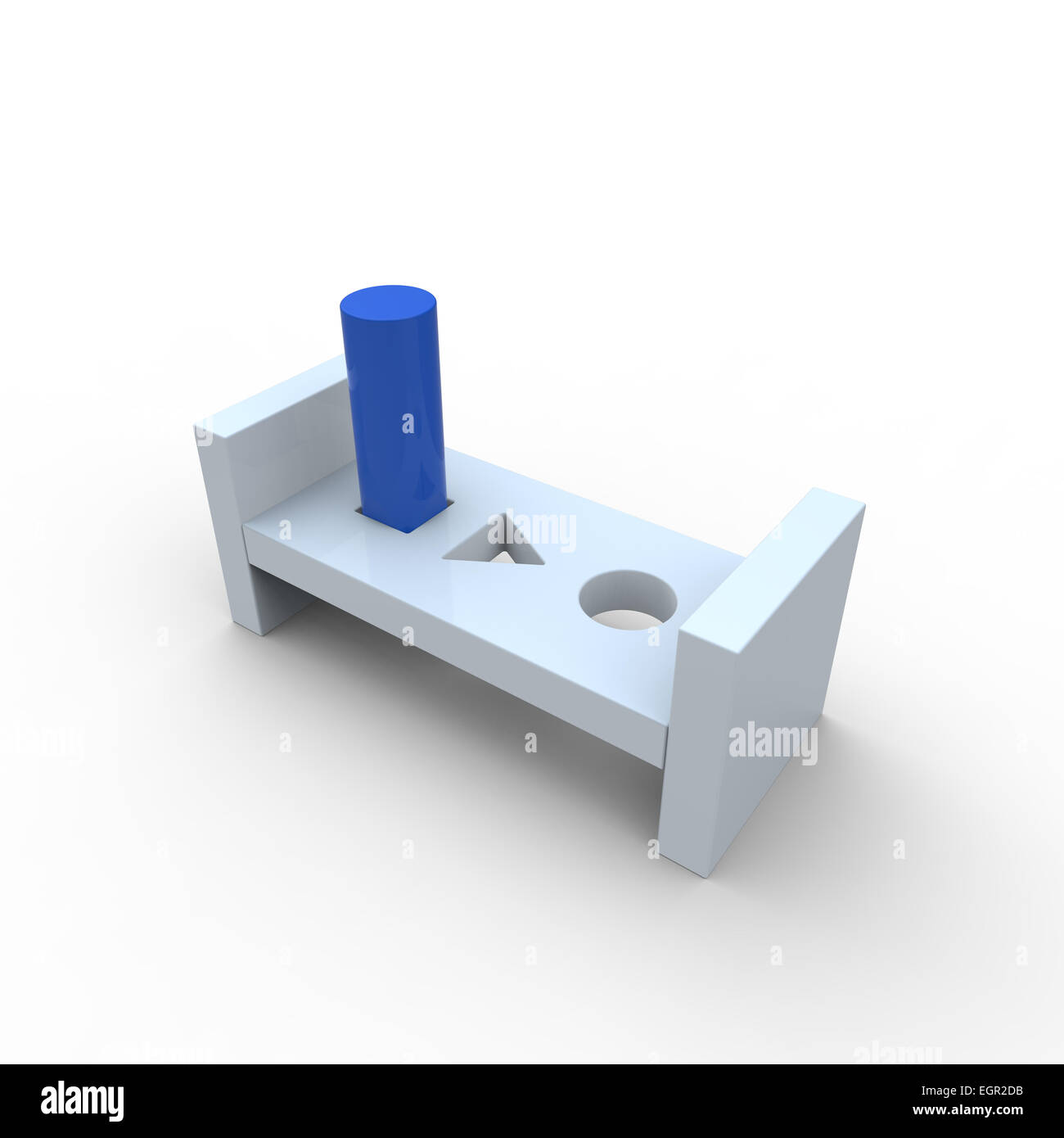 Tour de cheville bleu de force dans un trou carré dans un bloc en bois blanc sur fond blanc Banque D'Images