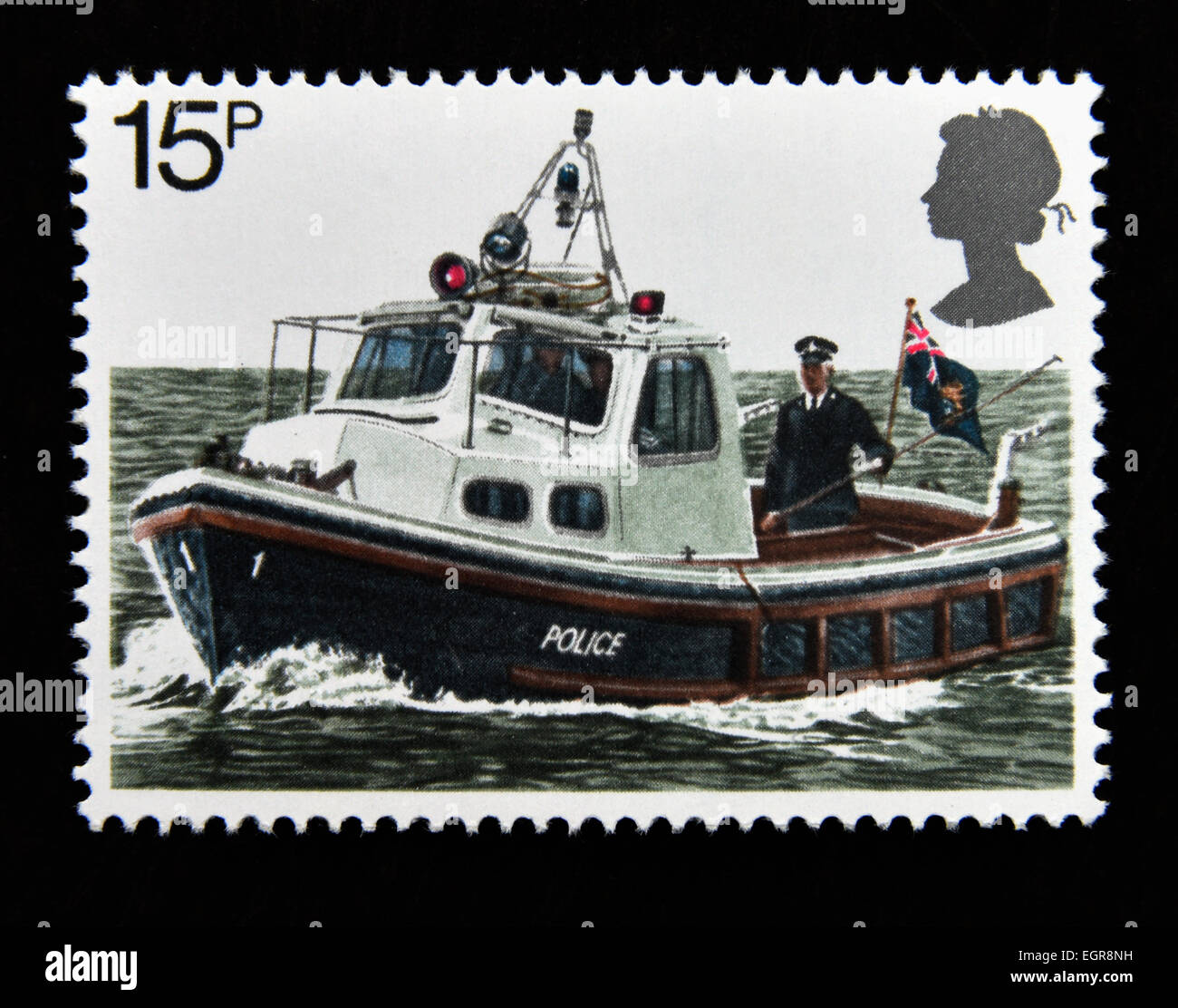 Timbre-poste. La Grande-Bretagne. La reine Elizabeth II. 1979.150e.Anniversaire de Police métropolitaine. 15p. Bateau de patrouille de la rivière. Banque D'Images