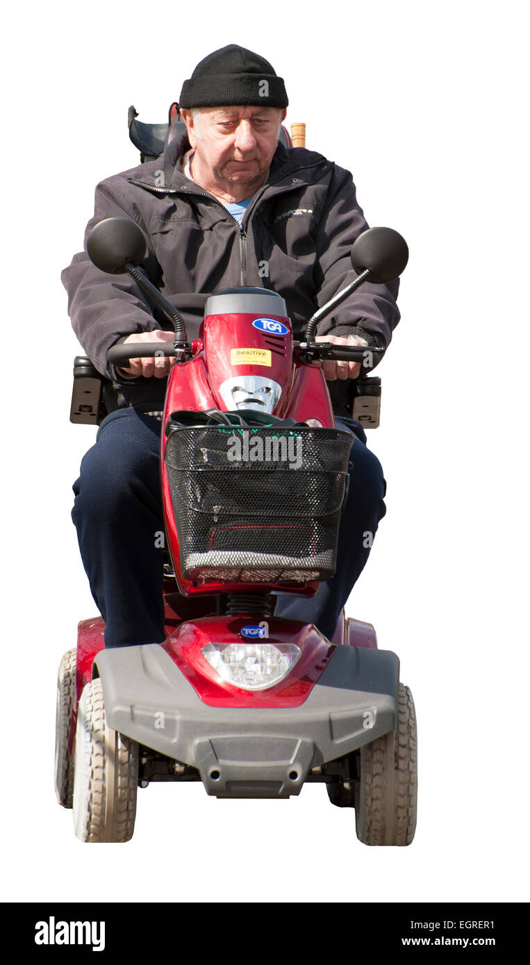 Homme monté sur chariot non valide sur fond blanc Banque D'Images