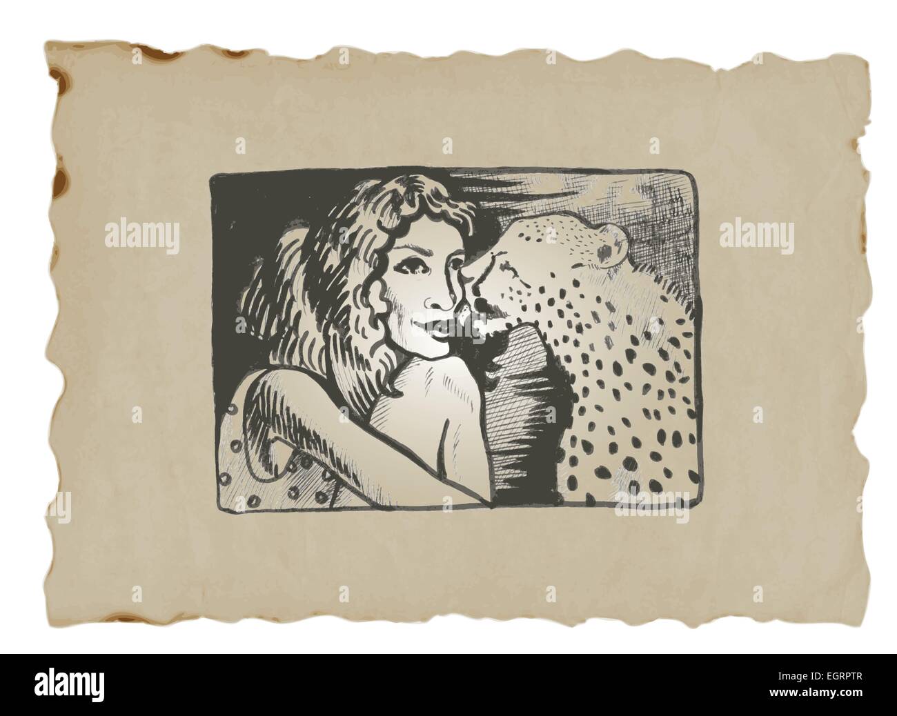 Une illustration à la main (technique : marqueur) par l'Underground comix thème : Dame avec Leopard Illustration de Vecteur