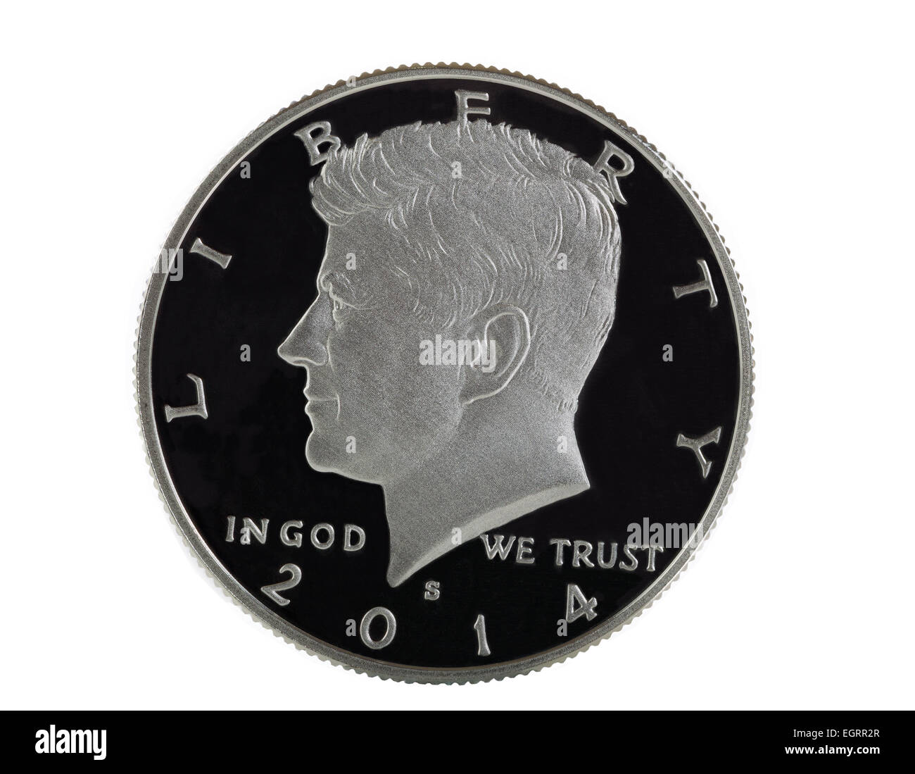 Macro shot of American silver dollar avec avers affiché. Isolé sur fond blanc. Banque D'Images