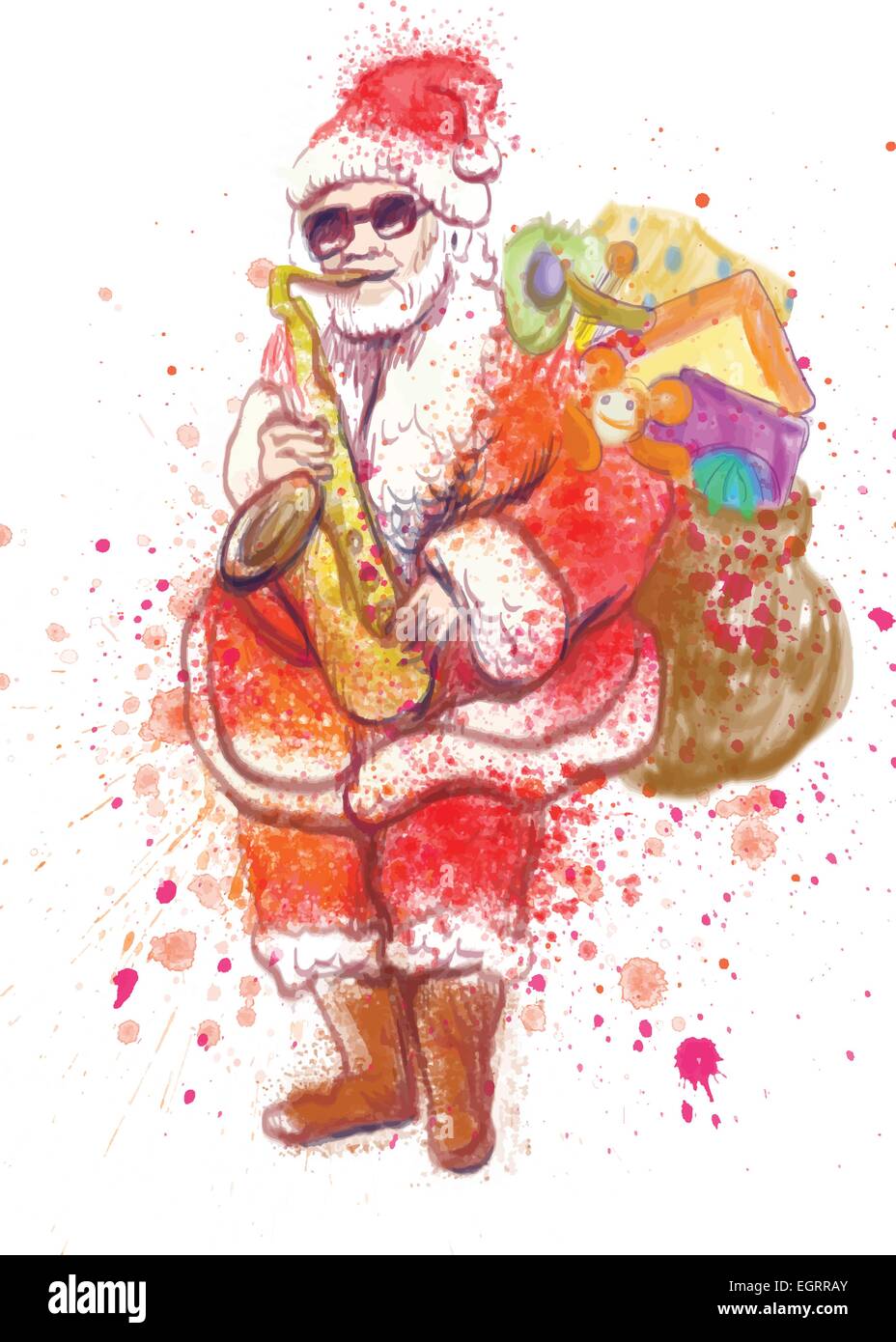 Une illustration à la main, les célébrations de Noël sujet : Santa Claus, Sax player Illustration de Vecteur