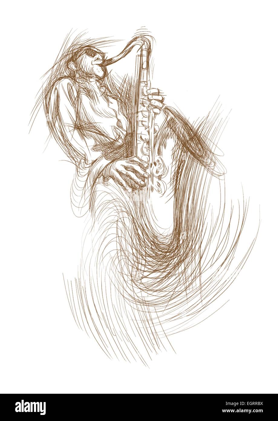 Une illustration à la main, thème Musique : Man playing saxophone Illustration de Vecteur