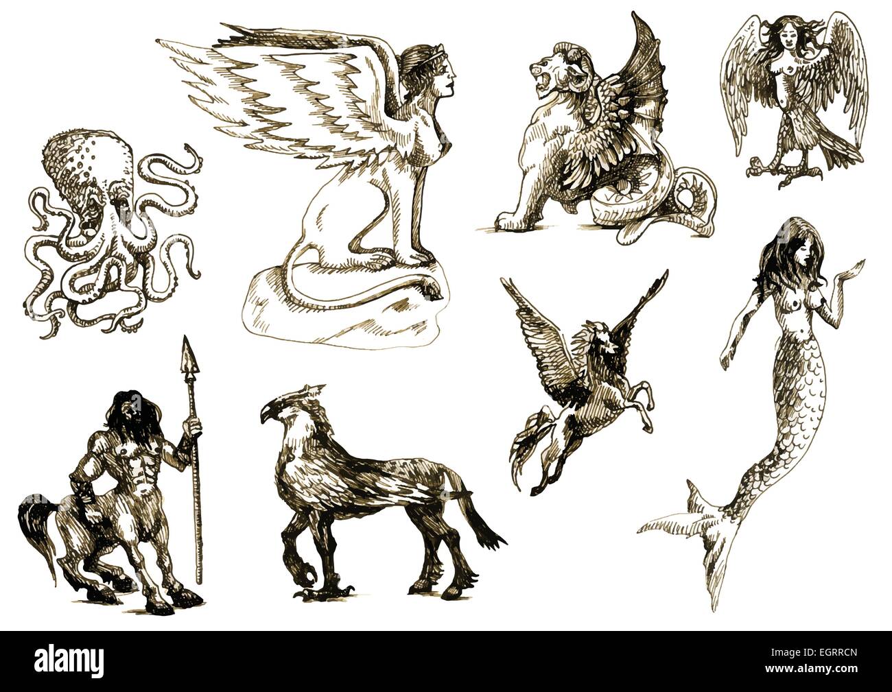 Des créatures mythologiques vector pack - illustrations faites à la main un Illustration de Vecteur