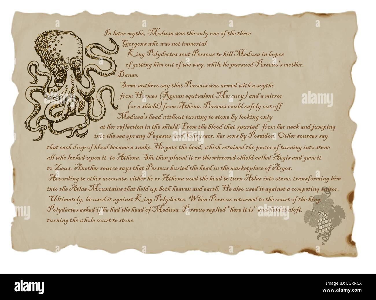 Une illustration à la main avec une description du monstre mystique : Gorgone Illustration de Vecteur