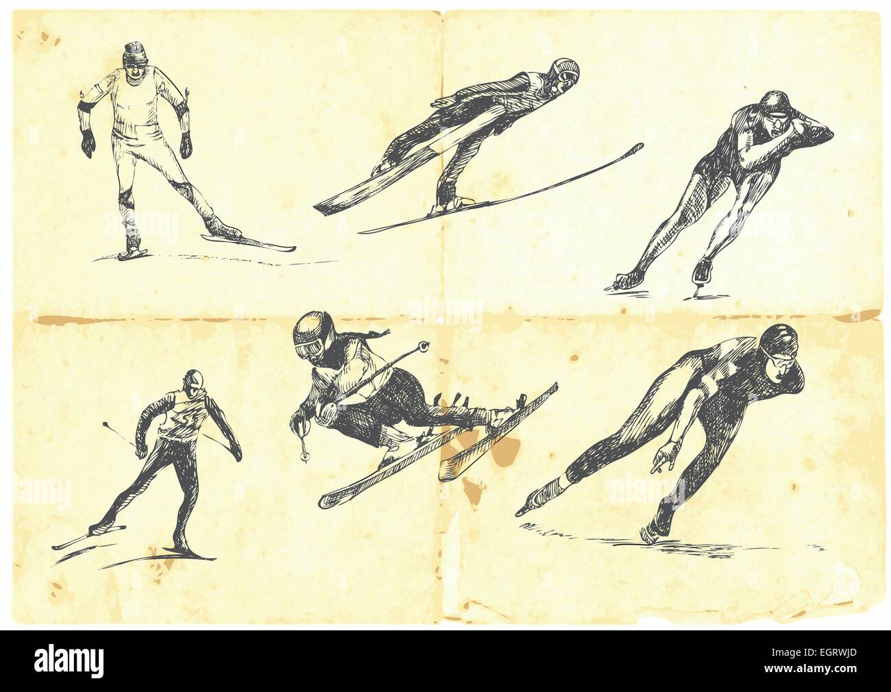 La main d'une grande collection de sports d'hiver - ski et patinage de vitesse. Travail précis et détaillé. Illustration de Vecteur