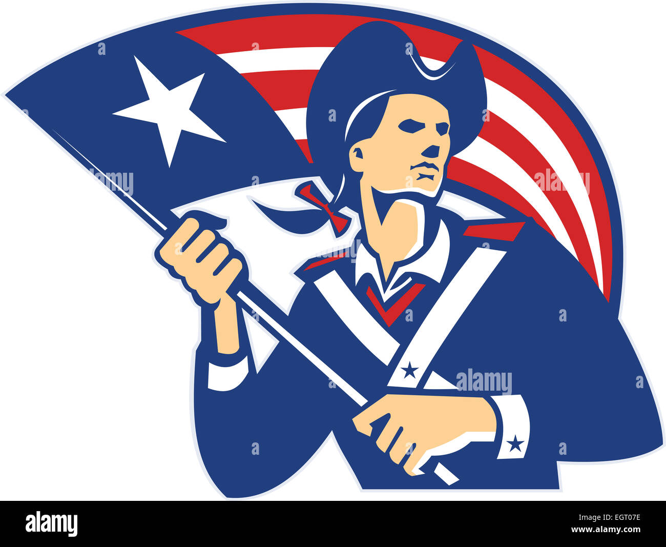 Illustration d'un patriote américain holding stars and stripes flag isolées sur fond blanc fait en style rétro. Banque D'Images