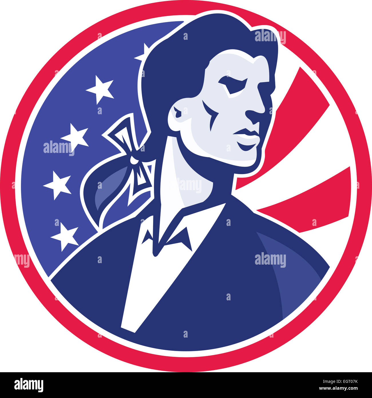 Illustration d'un patriote américain Minuteman à jusqu'à l'American stars and stripes drapeau dans l'arrière-plan défini à l'intérieur du cercle fait en style rétro. Banque D'Images