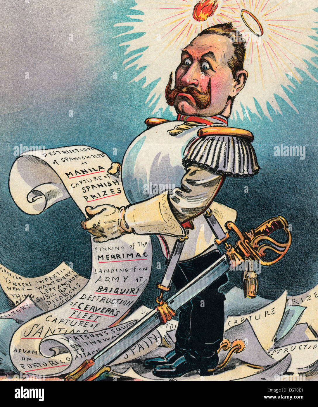 Perplexe - Guillaume II, Empereur allemand, portrait en pied, debout entre les documents, à la demande, avec une flamme et un halo au-dessus de sa tête, tenant une longue feuille de papier qui répertorie les campagnes militaires des États-Unis pendant la guerre hispano-américaine, comme 'Destruction de flotte espagnole à Manille, de capture de l'espagnol prix, l'atterrissage d'une armée à Baiquiri, Destruction de la flotte de Cervera, et naufrage du Merrimac'. Caricature politique, 1898 Banque D'Images