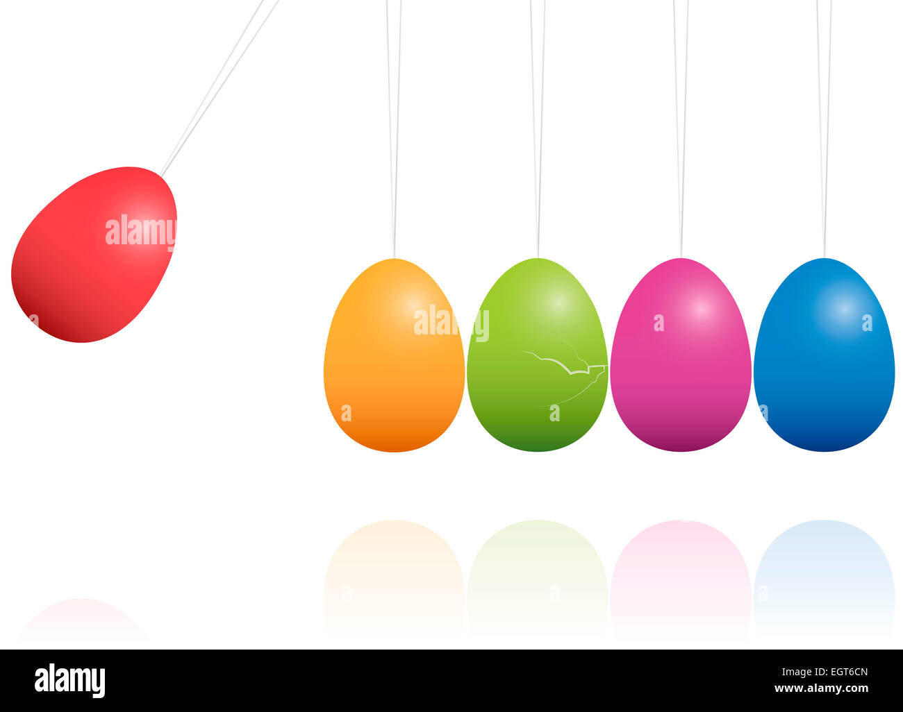 Newtons Cradle avec oeufs de Pâques comme les pendules au lieu de boules de métal. Banque D'Images