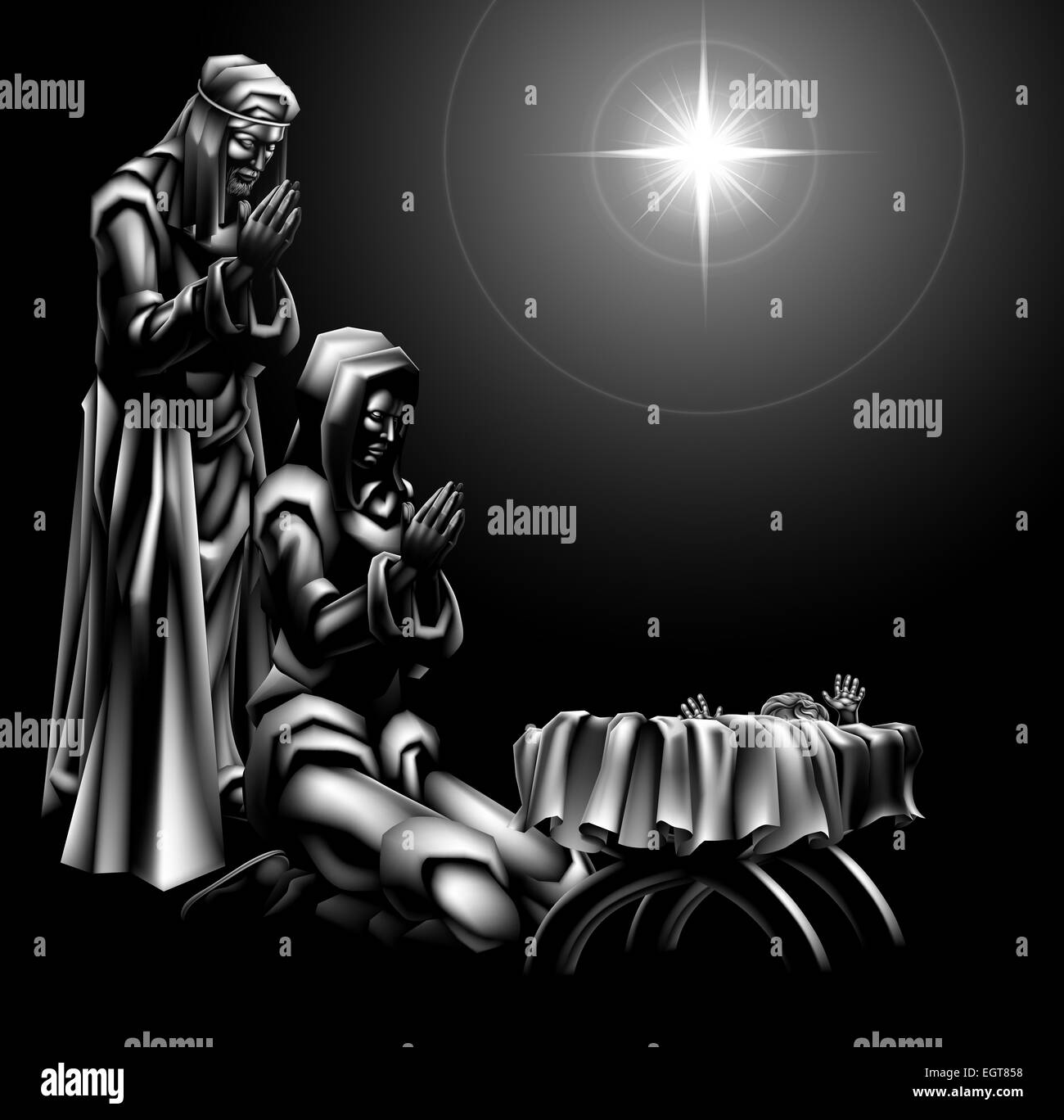 Crèche de Noël chrétien traditionnel de l'enfant Jésus sous les étoiles dans la crèche avec Marie et Joseph Banque D'Images
